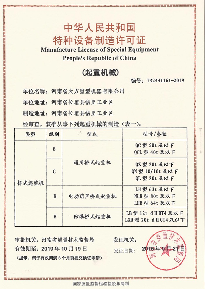 B、C級橋式制造許可證