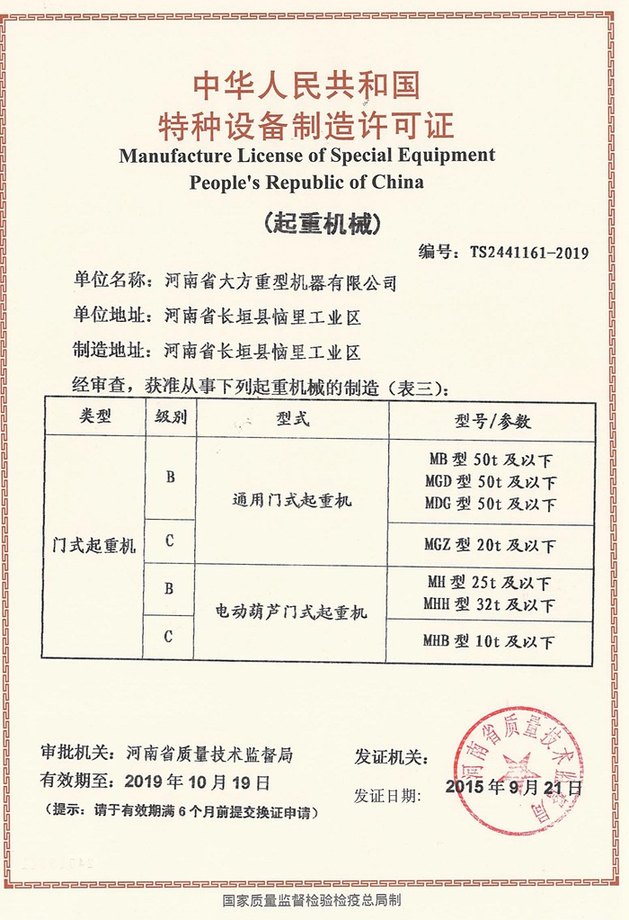 B、C級門式制造許可證